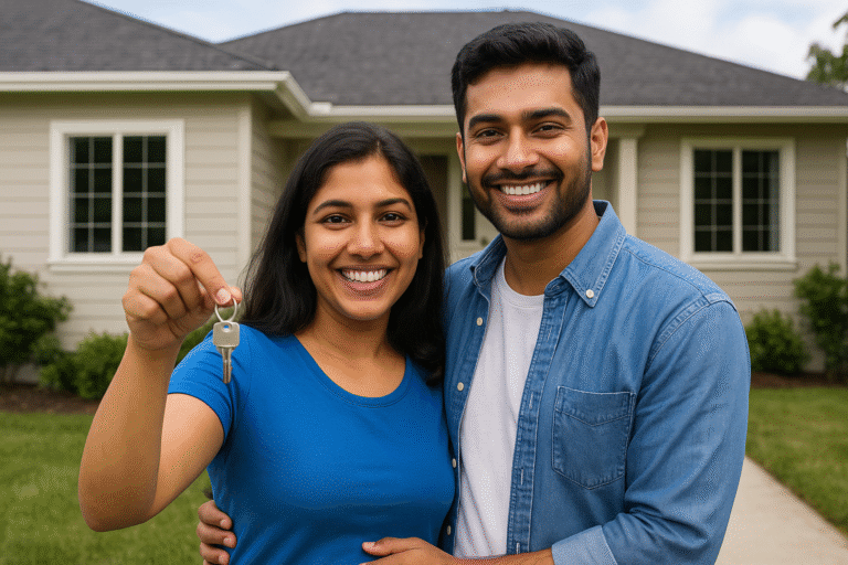 Indian couple holding house keys after home loan approval