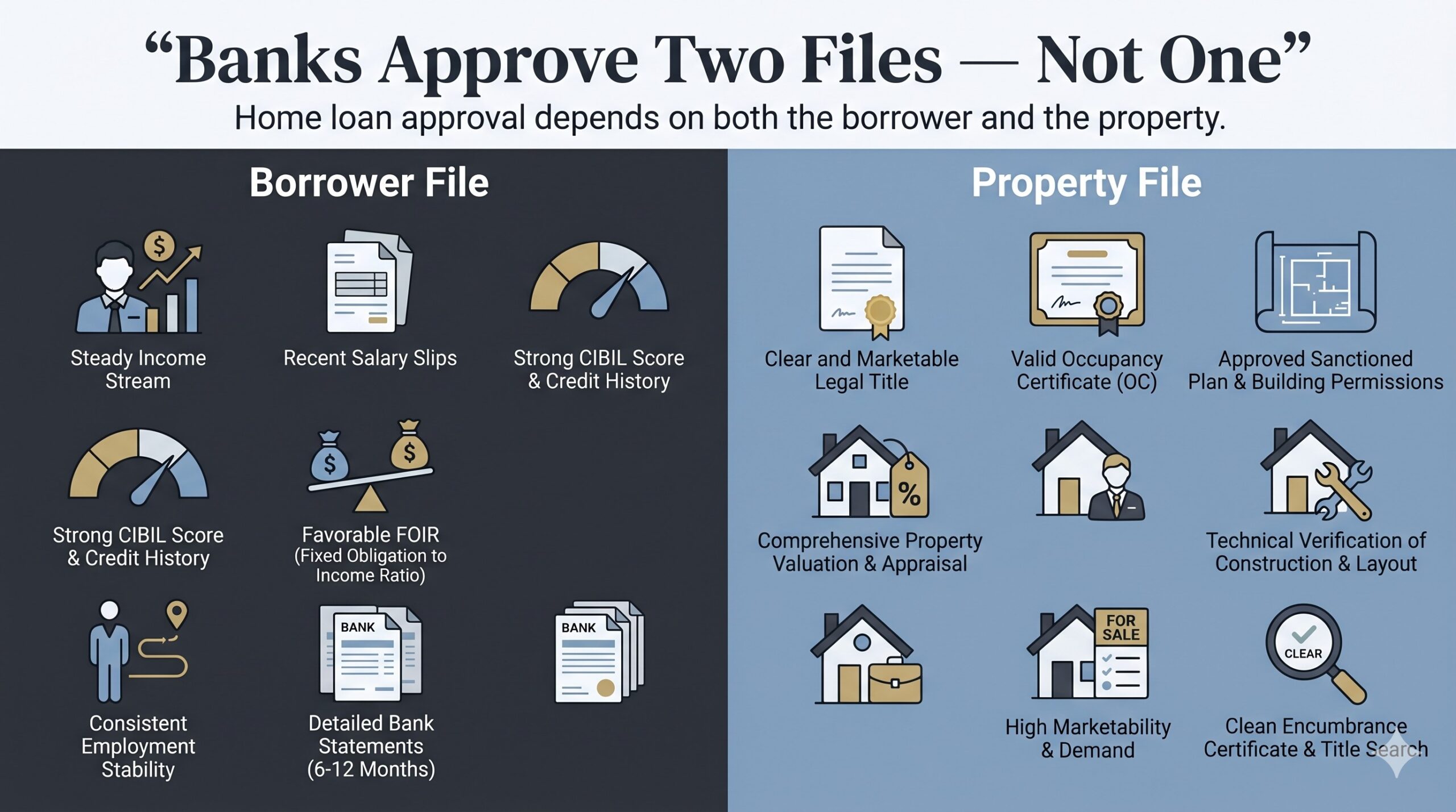 Infographic showing banks approve two files – borrower file and property file for home loan approval in India