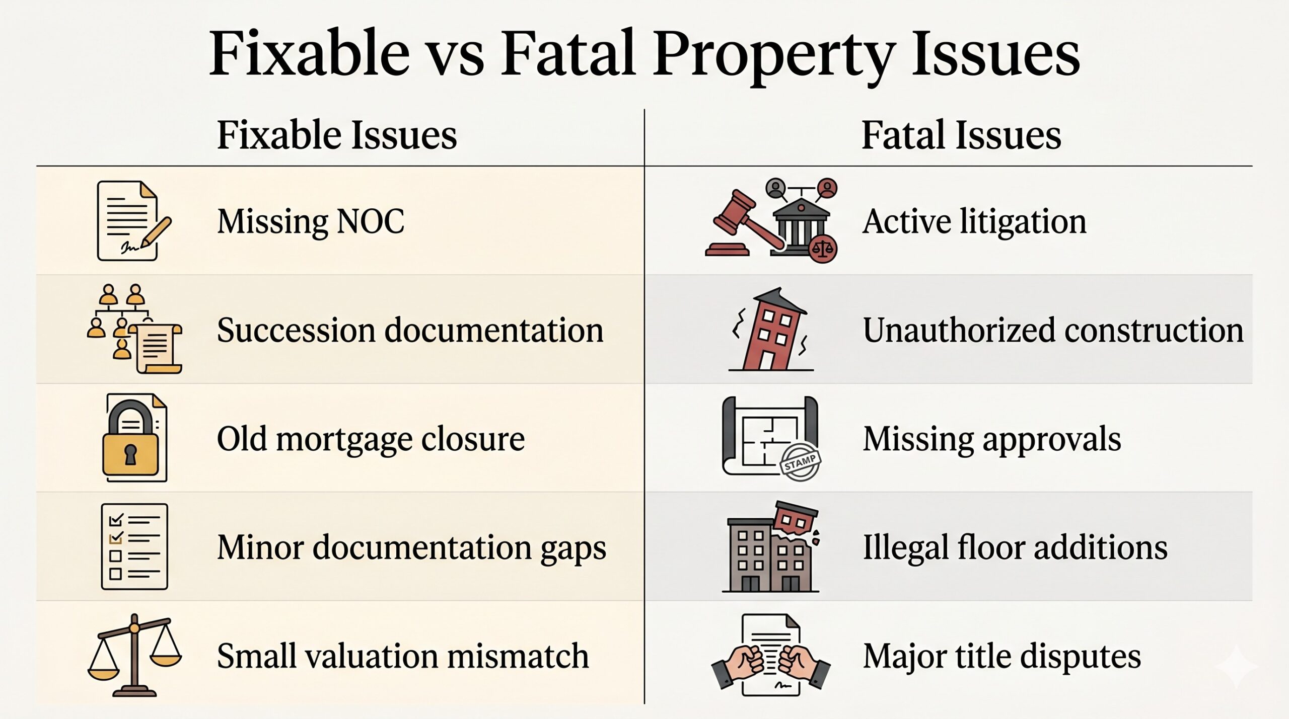 Comparison chart showing fixable versus fatal property issues for home loan approval in India