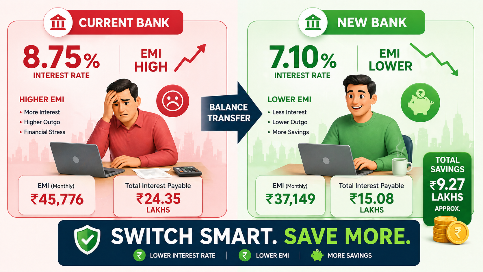 home loan balance transfer savings India lower EMI comparison