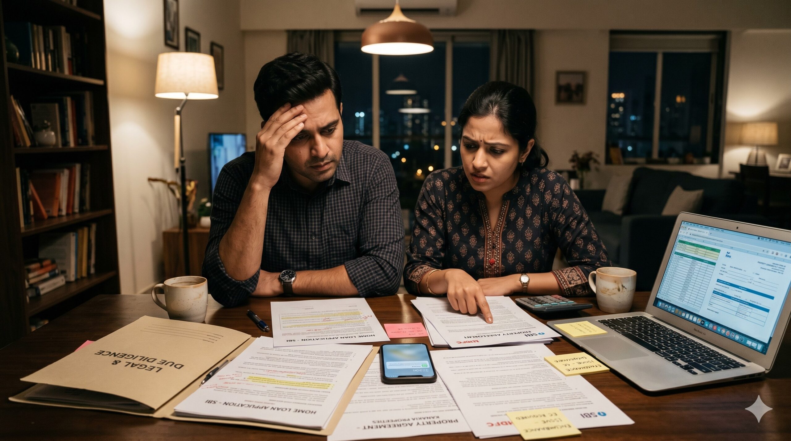 Indian couple reviewing home loan documents and property papers late at night