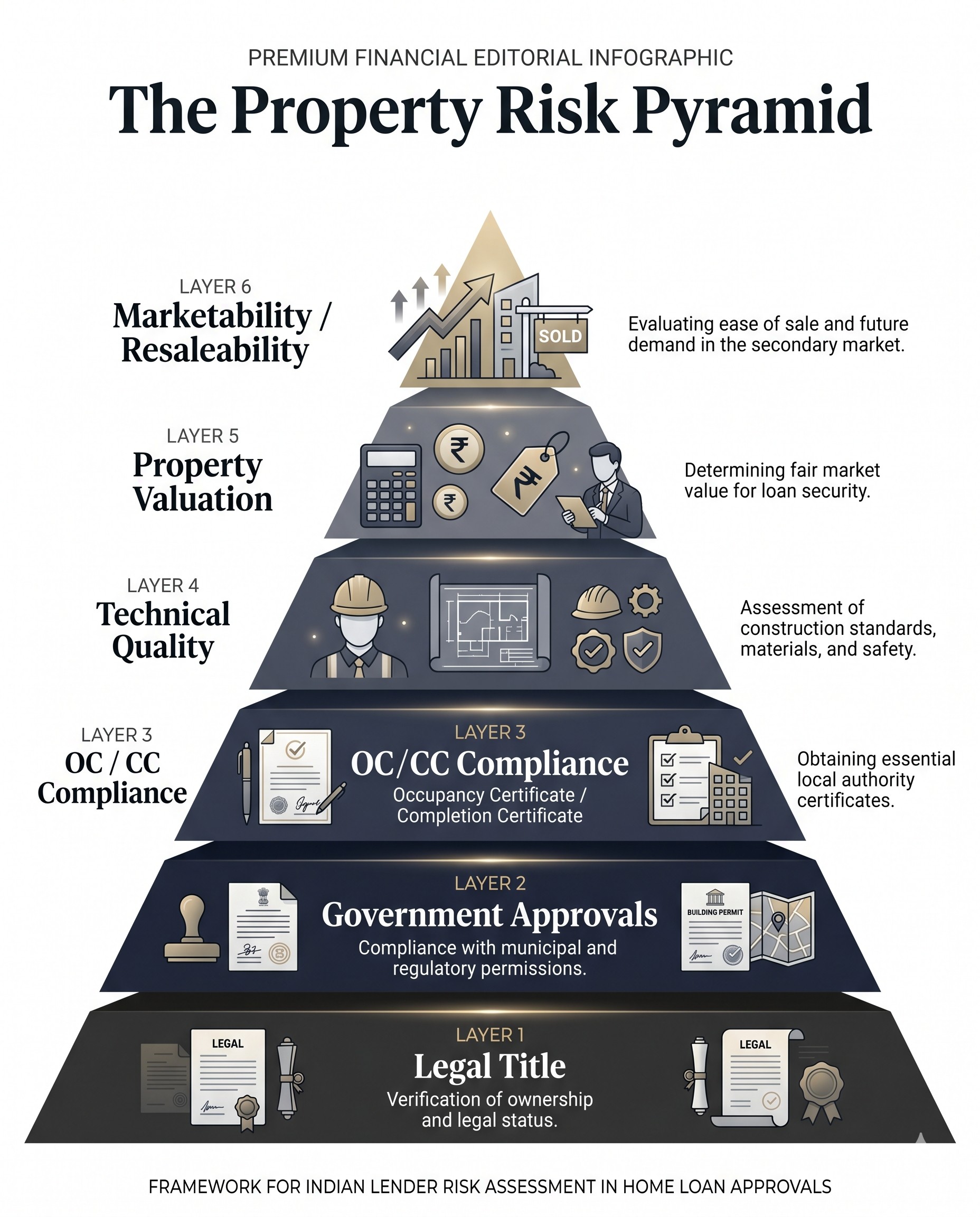 Property risk pyramid showing 6 layers of lender assessment for Indian home loan approval