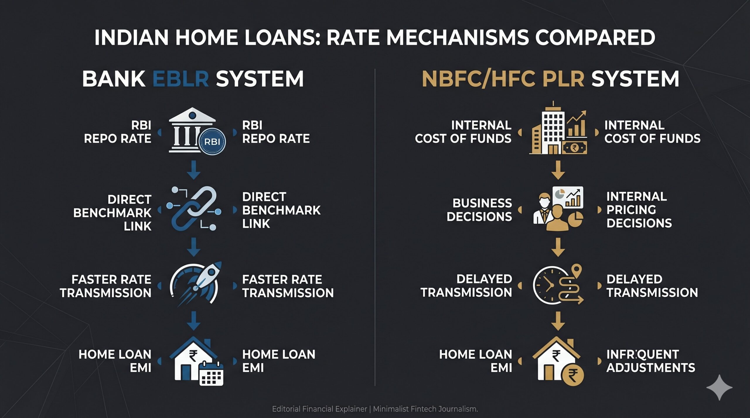 Indian home loans rate mechanisms compared: Bank EBLR system vs NBFC and HFC PLR system