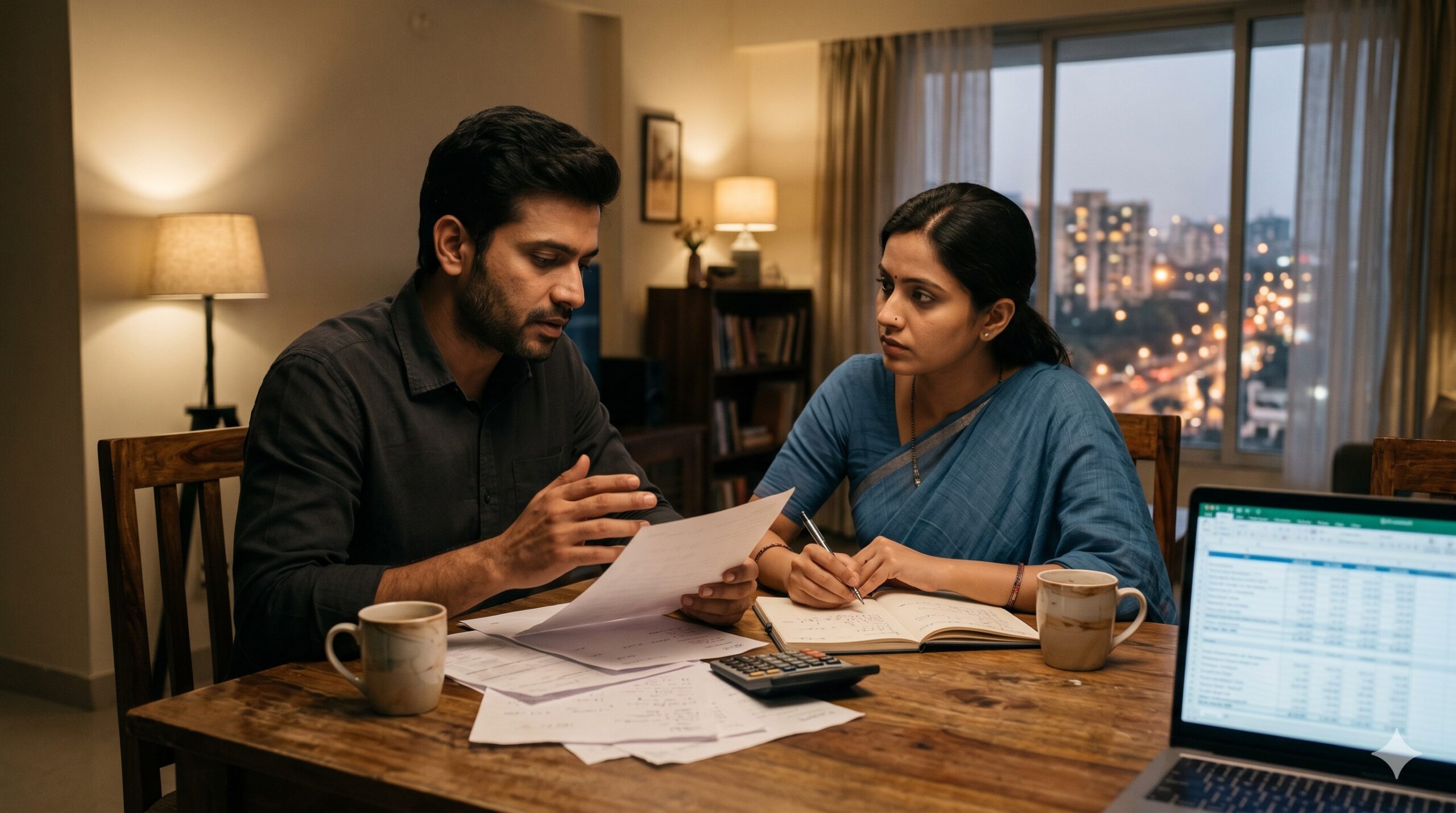 Indian couple reviewing home loan affordability and EMI commitments before signing