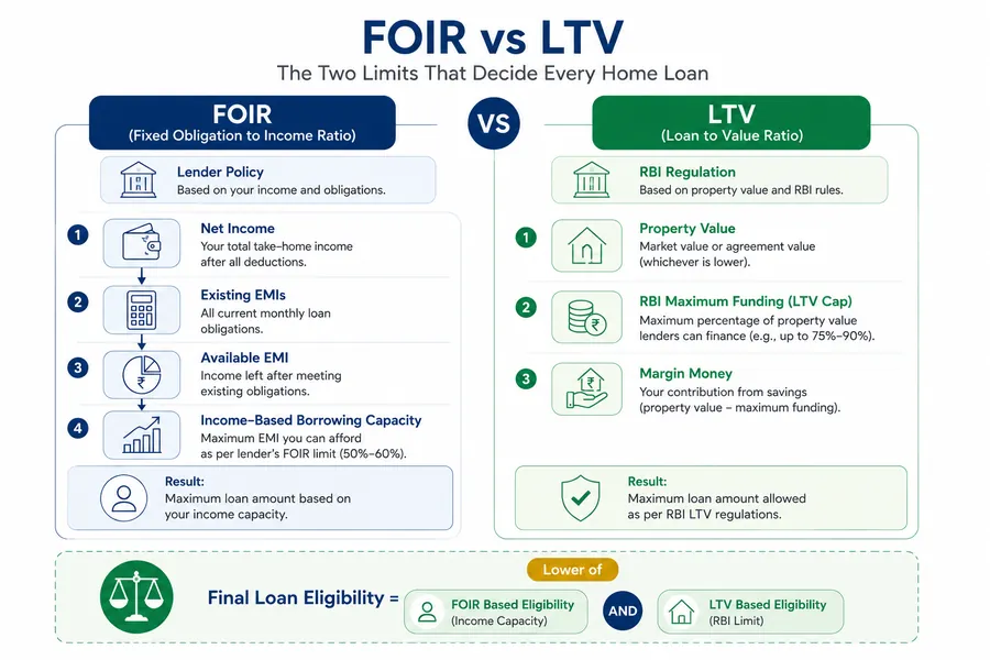 Side-by-side comparison of FOIR income-based limit and RBI's LTV property-based home loan limit