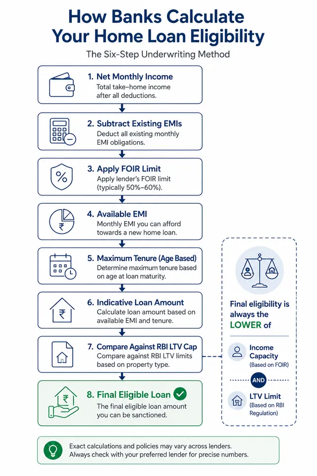 Flowchart of the six-step method banks use to calculate home loan eligibility with FOIR and LTV