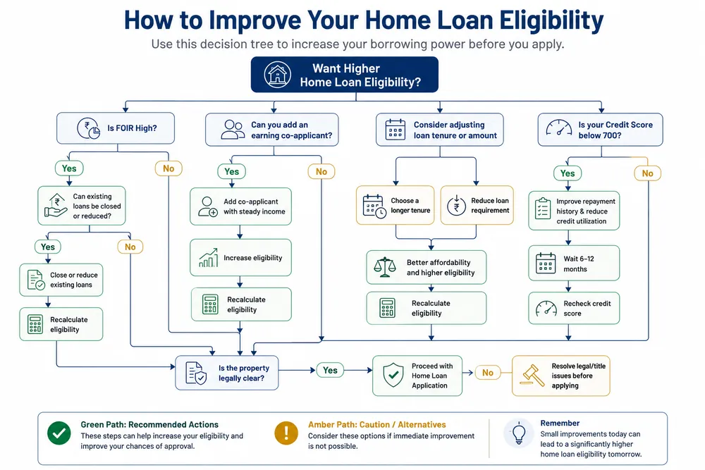 Decision tree guiding borrowers through FOIR, co-applicant and credit score fixes to improve eligibility